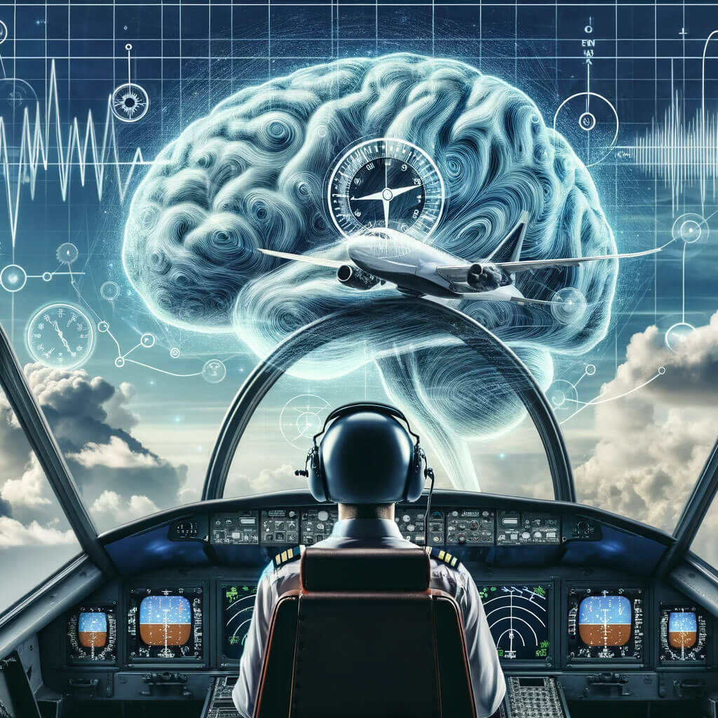 Uçak kokpitinde bulunan bir pilot ve gökyüzünde beyin görseli. 